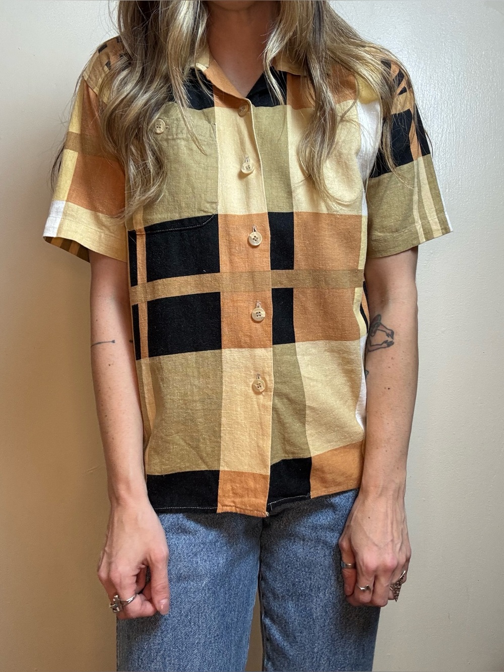 Vintage Trust Plaid Button Up Shirt - Linen Blend - Earthy Colorblock - Size M